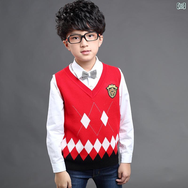 ニットベスト キッズ 男の子 Vネック コットン スクール風 チェック柄 プルオーバー 厚手 通学 小中学生 普段着 カジュアル シンプル 春秋 3