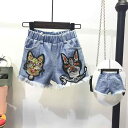 キッズ 女の子 ベビー デニムショートパンツ アルファベット 犬顔 刺繍 ワイド フリンジ 切りっぱなし ホットパンツ 綿 ミドルウエスト ウエストゴム ブルー 春夏