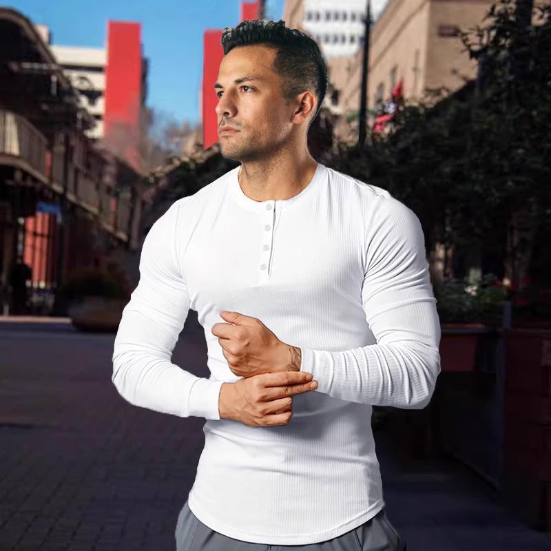 メンズ Tシャツ ヘンリーネック 長袖 フィットネス トレーニング ジム スポーツ インナー ストレッチ 伸縮性 タイト スリム 綿 コットン 秋 秋冬