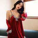 ベロア パジャマ レディース セクシー 長袖 前開き 上下セット 春秋冬 ナイトガウン ツーピース レース かわいい 赤 ピンク 青