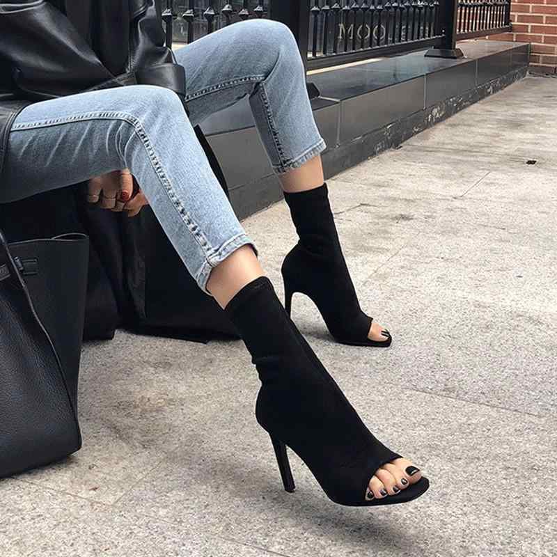 ショートブーツ レディース 女性用 秋冬 ハイヒール ピンヒール 10cmヒール ポインテッドトゥ ミドル丈 伸縮性 ストレッチ スエード調 ブラック 美脚 スリムフィット セクシー エレガント