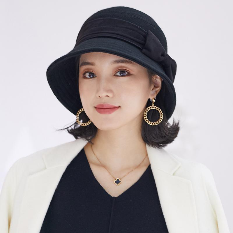 ハット レディース 秋冬 フェルト バケットハット フィッシャーマンハット ウール リボン ブラック ワ..