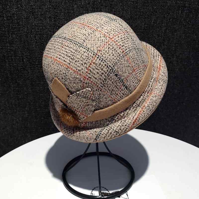 ハット レディース 秋冬 巻きつば ショートブリム ウール フェルト レトロ クラシック フレンチスタイル 英国風 エレガント 上品 チェック柄 サイズ調節 ラウンドトップ タウン お出かけ 大