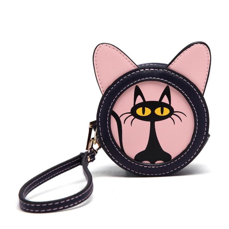 小銭入れ レディース 女性用 日韓風 キャラクター 猫柄 かわいい ミニサイズ コインケース レトロ バイカラー ファスナー開閉 円筒形 PUレザー ハンドウォレット