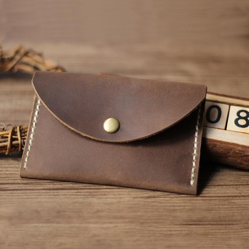 小銭入れ レディース 牛革 オイルレザー 手縫い ハンドメイド ミニ財布 薄型 スリム コンパクト カードケース レトロ ヴィンテージ スナップボタン 横型 コイン収納 カード収納 IDポケット 普段使い カジュアル