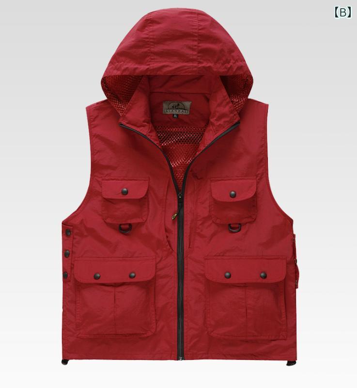 ベスト 男女兼用 春秋 アウトドア 釣り ボランティア 写真撮影 レジャー スポーツ 速乾 多ポケット スタンドカラー スタンドカラー フード ゆったり ルーズフィット メッシュ