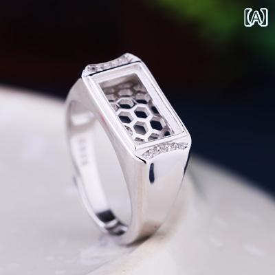 指輪 男性用 S925銀 空枠 光沢仕上げ カーブ スクエア型 石 ルース用 シンプル 上品 ベーシック フォーマル カジュアル