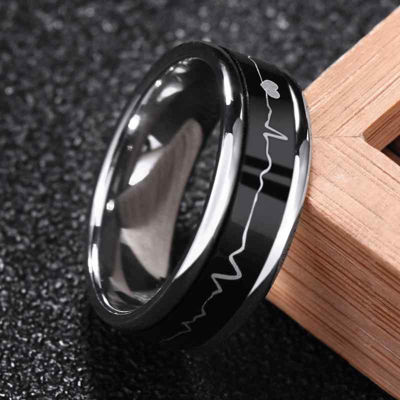指輪 メンズ 男性 カップル ペア チタン鋼 心電図 韓国風 シンプル 黒 ブラック 青 ブルー 学生 普段使い スタイリッシュ 人差し指