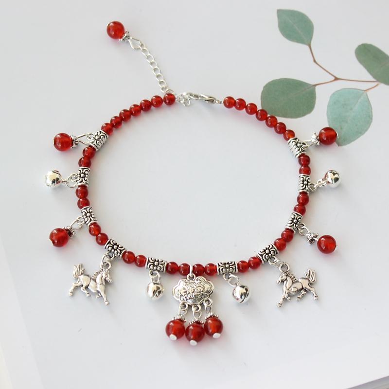 アンクレット レディース 女性用 赤瑪瑙 レッドアゲート 鈴 十二支 子年 お守り 縁起物 チベットシルバー 古風 レトロ 韓国スタイル 学生 個性的