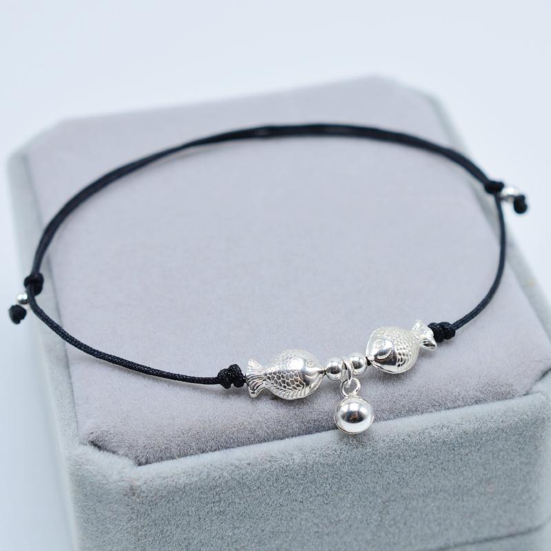 アンクレット ブレスレット レディース S925 シルバー 魚モチーフ 鈴 赤 黒 スリム コード 日韓風 シンプル 学生 カジュアル ナチュラル 個性的