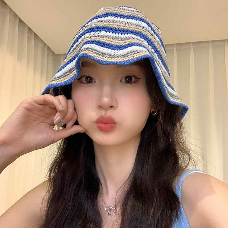 バケハ レディース 帽子 女性 薄手 日よけ 旅行 レジャー アウトドア 夏春 ボーダー ストライプ フィッシャーマン 編み 青 かわいい ガーリー