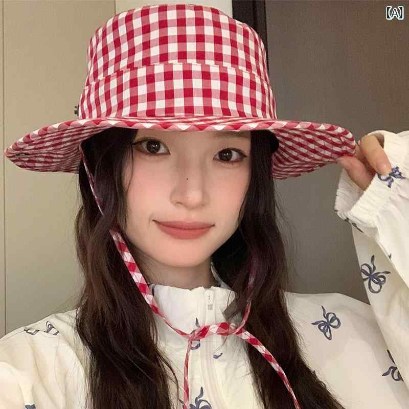帽子 レディース ハット 韓国 チェック柄 ドット ガーリー かわいい レジャー 旅行 アウトドア 日よけ 通気性 つば広 オールシーズン 黒 赤