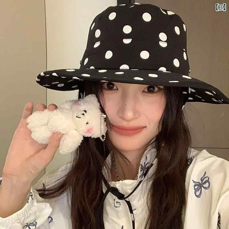 帽子 レディース ハット 韓国 チェック柄 ドット ガーリー かわいい レジャー 旅行 アウトドア 日よけ 通気性 つば広 オールシーズン 黒 赤