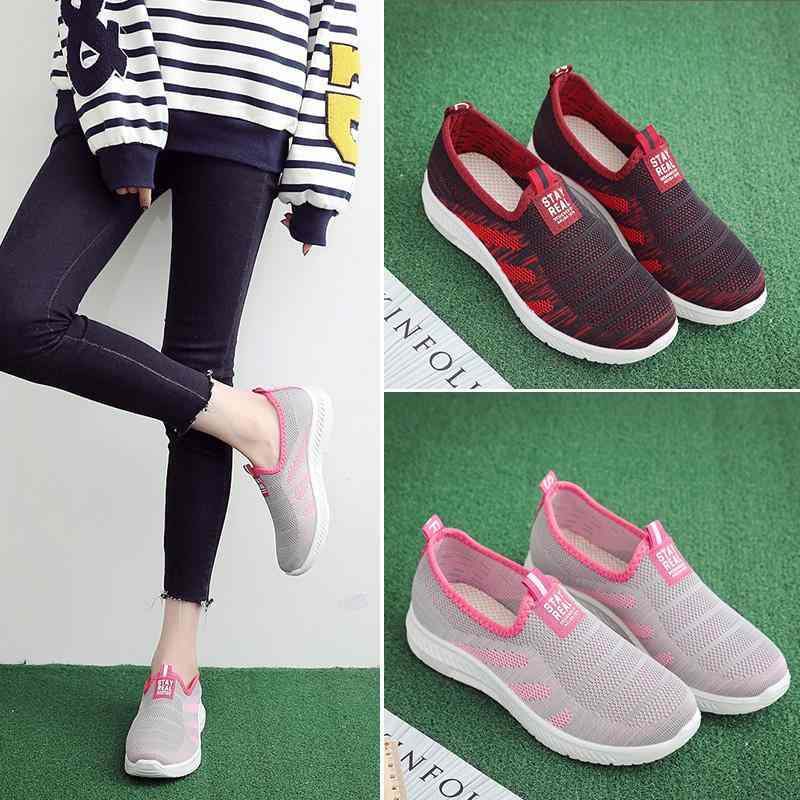 ウォーキングシューズ レディース シニア 女性用 布製 スリッポン ソフトソール 滑り止め フラットソール ラウンドトゥ 運動 スポーツカジュアル 普段使い 散歩用 コンフォート 軽量 快適 グレー レッド