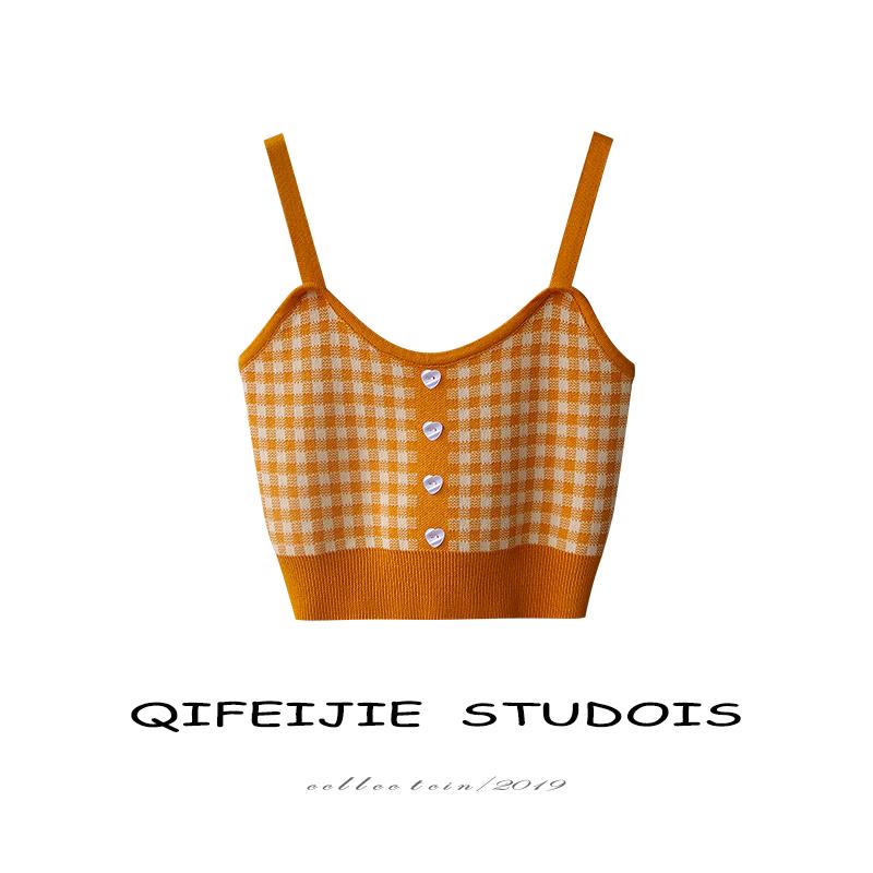 ニット キャミソール レディース 韓国 レトロ 配色 チェック柄 ショート丈 スリムフィット 背中開き 通勤 デイリー レーヨン ナイロン 春夏
