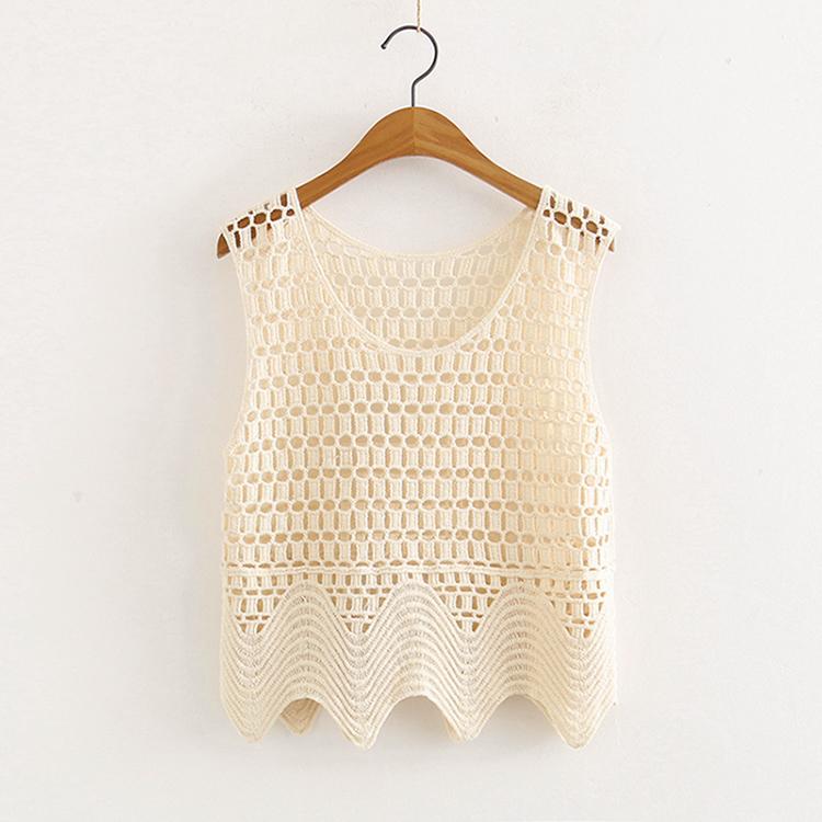 ベスト レディース ショート丈 コットンリネン ニット ゆったり 薄手 シアー かぎ編み 透かし編み クルーネック 春夏 無地 カジュアル 普段使い