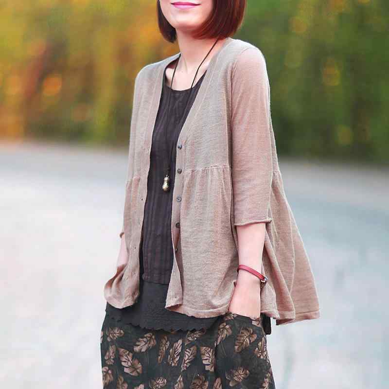 カーディガン レディース リネン 麻 ニット 薄手 UVカット Vネック フリル裾 ギャザー ゆったり カジュアル 無地 七分袖 エレガント 上品 春夏 通勤 羽織り(4.0)