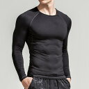 メンズ 長袖 シャツ ラウンドネック ブラック 伸縮性 タイト フィット 無地 スリム 服 フィットネス スポーツ 速乾性 シャツ