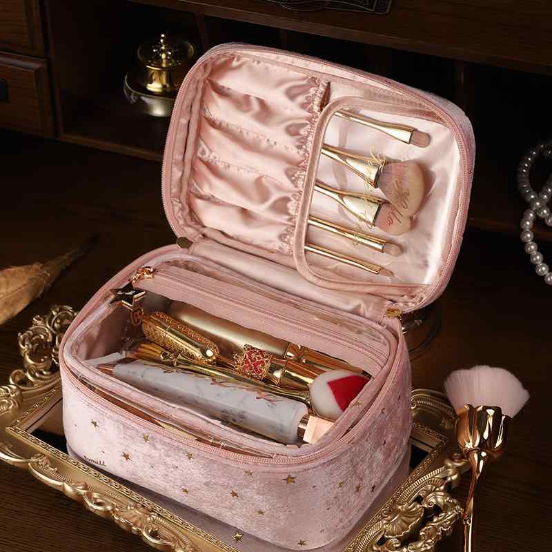 楽天フロントップ楽天市場店化粧ポーチ コスメポーチ 大容量 旅行 出張 トラベル 洗面用具入れ スキンケア用品収納 ベロア ボックス型 携帯用 レトロ ピンク ブルー