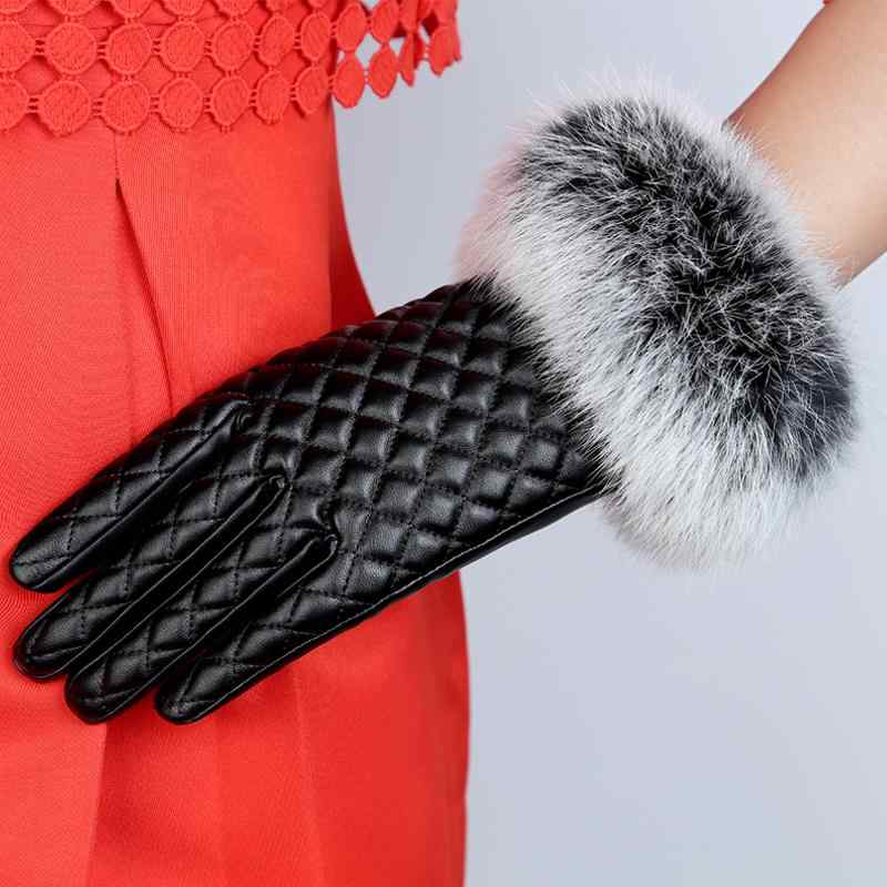 手袋 レディース 革 レッキスファー 裏起毛 防寒 レザーグローブ 5本指 韓国風 バイク用 自転車 ドライブ 秋冬 ブラック