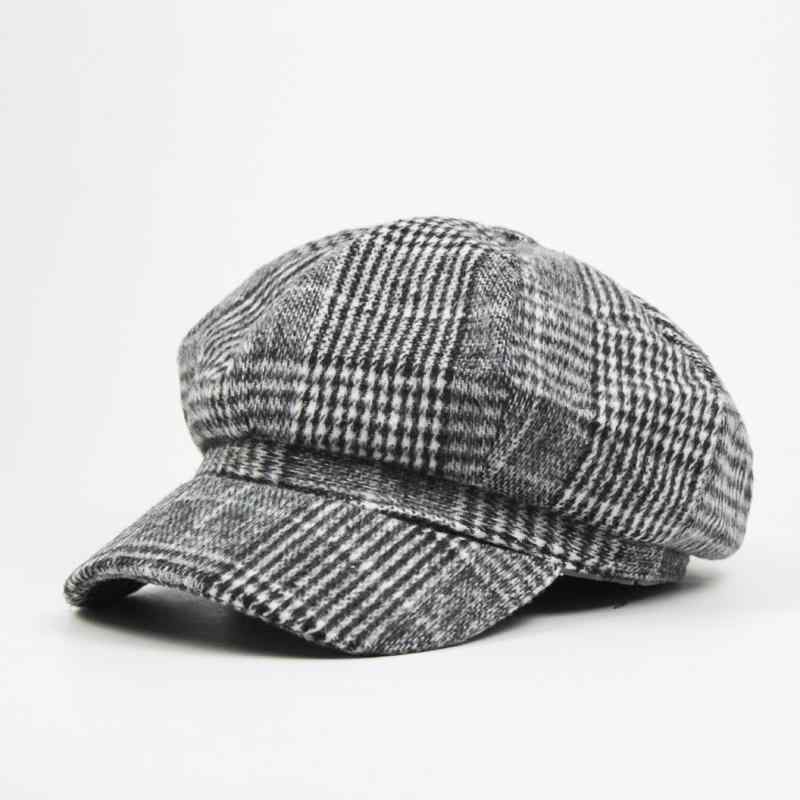 八角帽 レディース 秋冬 グレンチェック柄 ウール 厚手 キャスケット ベレー帽 レトロ クラシック ブリティッシュ カジュアル 普段使い お出かけ 大人女性 ブラック グレー カーキ ブラウン