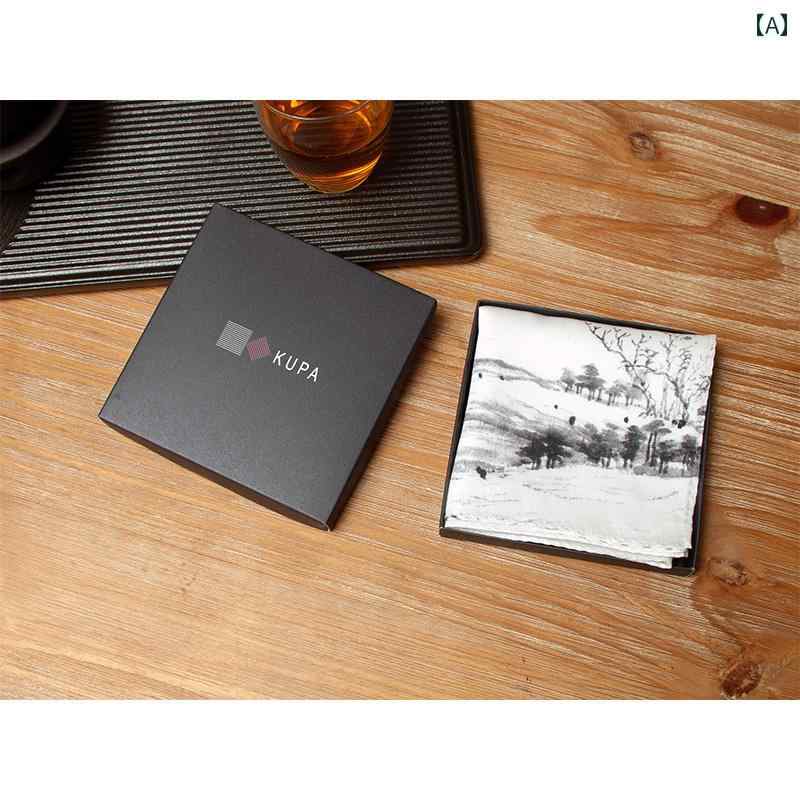 ハンカチ 大判サイズ 富春山居図 アートモチーフ 綿 吸水性 汗拭き 工芸 優しい肌触り レトロ クラシック 和モダン 男女兼用 普段使い オールシーズン