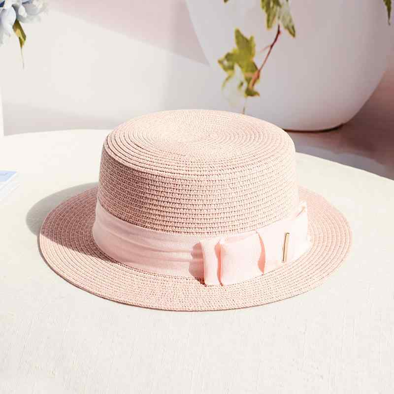 麦わら帽子 レディース フラットトップ リボン 日よけ帽 UVカット つば広 ビーチ ハット 韓国風 カジュアル 春夏 サイズ調節 学生 お出かけ
