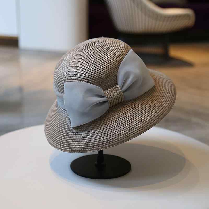 麦わら帽子 レディース ストローハット エレガント リボン つば短め UVカット 日よけ 夏 バケットハット 旅行 アウトドア お出かけ 上品 ラウンドトップ サイズ調整 ブルー コーヒー シャンパン