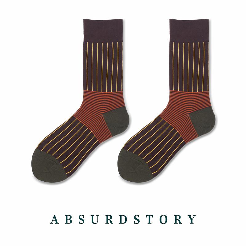ソックス レディース メンズ 男女兼用 ミドル丈 クルーソックス 縦ストライプ ストライプ模様 綿 コットン 吸湿速乾 ブラウン 茶 普段..