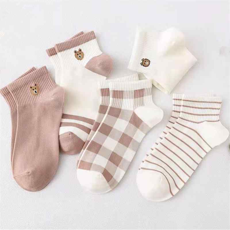 靴下 レディース 5足組 かわいい 浅履き フットカバー 韓国風 ローカット 学生 スクール風 薄手 吸湿速乾 綿 ストライプ 星柄 猫柄 菱形柄 いちご柄 くま柄