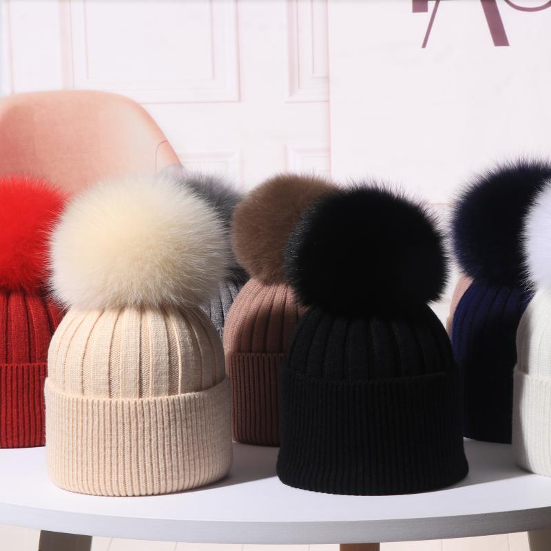 Knit Hat - ニット帽 レディース 秋冬 ファー フォックスファー ポンポン 韓国風 耳あて 防寒 暖かい かわいい 合わせやすい ウール混 カジュアル 普段使い
