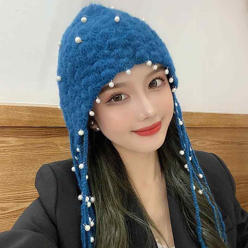 ニット帽 レディース 秋冬 手編み クロシェ編み レトロ ヴィンテージ パール 透かし編み フリンジ フェミニン かわいい お出かけ