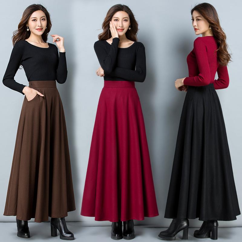 スカート レディース 秋冬 カジュアル 普段使い 無地 ハイウエスト ウール混 大きいサイズ Aライン フレア ロング丈 ポケット 暖か 体型カバー