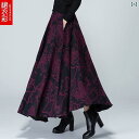 スカート レディース 秋冬 レトロ カジュアル 花柄 プリント ハイウエスト ロング丈 大きいサイズ Aライン ダンス フレア 織り柄 ポケット ポリエステル混