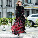 ワンピース レディース シフォン 花柄 総柄 ポリエステル ロング丈 フレア Xライン 足首丈 フリルネック ミドルウエスト 通勤 リゾート 春夏