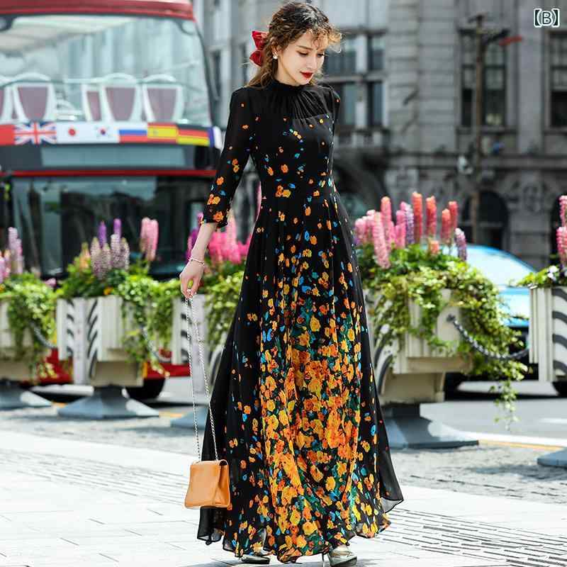 ワンピース レディース シフォン 花柄 総柄 ポリエステル ロング丈 フレア Xライン 足首丈 フリルネック ミドルウエスト 通勤 リゾート 春夏