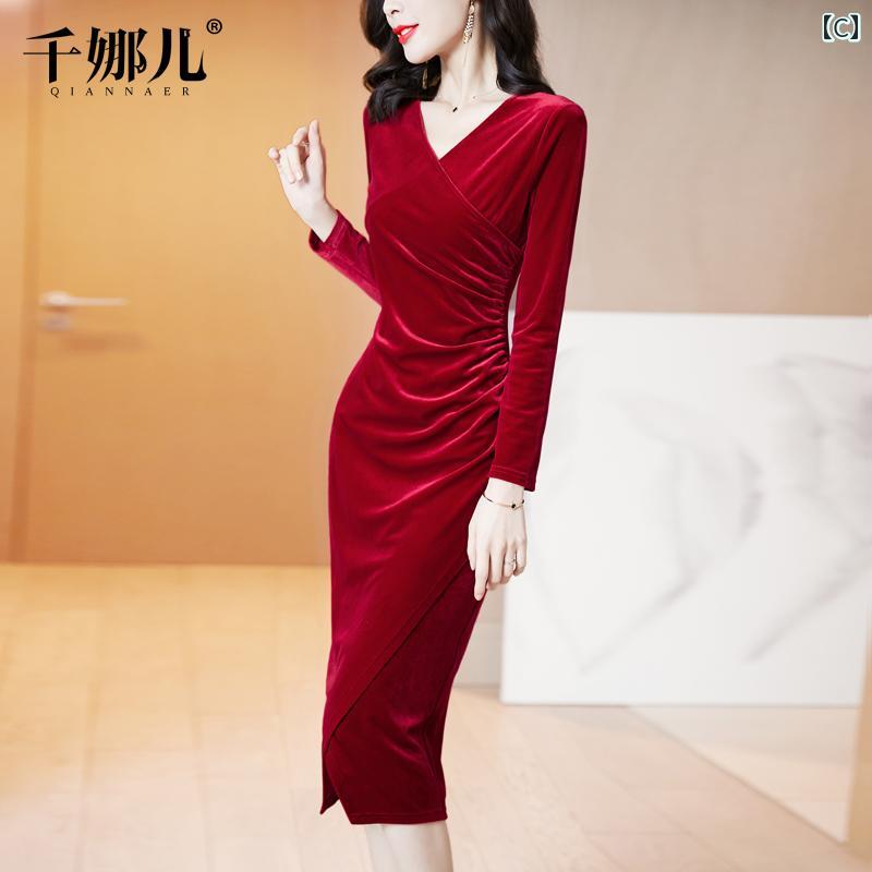 ワンピース レディース ブラック 黒 ベロア ベルベット 秋冬 Vネック 長袖 タイト ロング丈 Hライン エレガント 上品 スタイルアップ 着痩せ 通勤 オフィス フォーマル ドレス