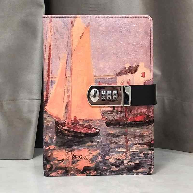 日記帳 キッズ 子供 小学生 中学生 鍵 パスワードロック ノート 厚手 レトロ アンティーク 合皮 ハードカバー 紙 A5 横罫線 帆船柄 手帳