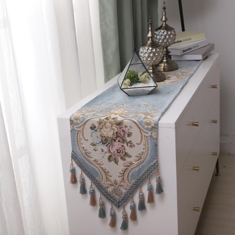 テーブルランナー 欧風 ヨーロピアン 花柄 植物柄 タッセル 混紡 ダイニング テレビ台 チェスト ローテ..