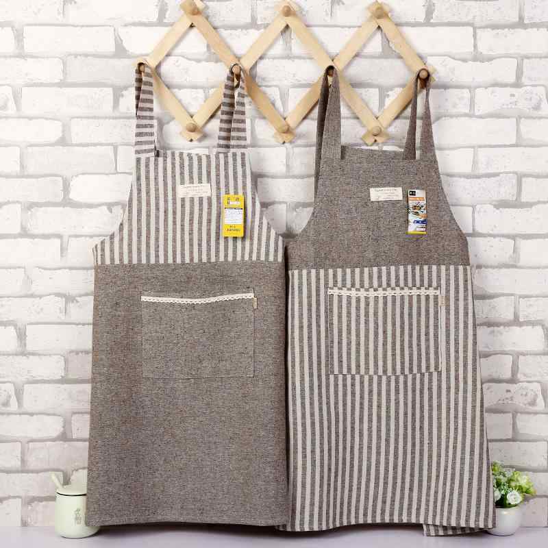 Gingham Aprons - エプロン 和風 綿麻 大人 男女兼用 キッチン 料理 カフェ 飲食店 作業着 普段使い フリーサイズ 撥水 防汚 おしゃれ ストライプ柄 リーフ柄 切り替え ロング丈 シンプル カジュアル ナチュラル