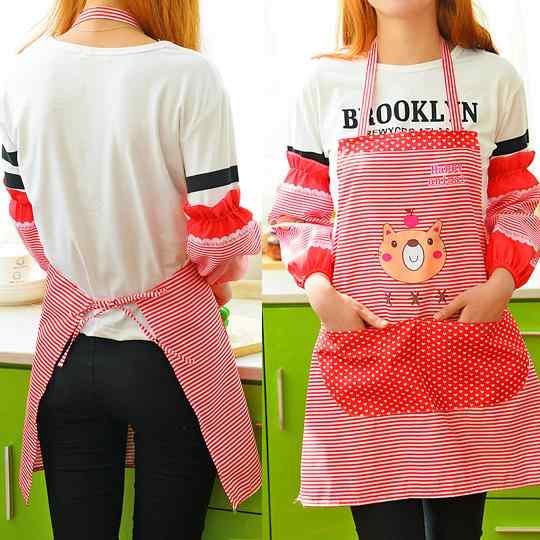 Gingham Aprons - スモック 男女兼用 キャンバス製 袖 防水 防汚 かわいい 韓国風 クマ柄 キッチン 作業用 家事 料理 油汚れ防止 ワークウェア 多機能 2点セット