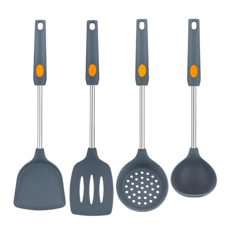 キッチンツール シリコン フライ返し ヘラ ターナー フッ素加工鍋 焦げ防止 耐熱 ロング 家庭用 炒め物 料理用 グレー ステンレスハンドル セット