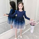 ワンピース 女の子 春秋 長袖 チュール プリンセスドレス ふんわり チュチュスカート おしゃれ 子供服 キッズ ジュニア 発表会 フォーマル セレモニー 結婚式 七五三 誕生日 上品 かわいい 紺