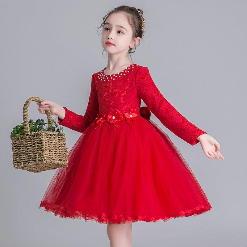 ワンピース 女の子 子供 キッズ 赤 プリンセスドレス 長袖 ボリューム チュール 春秋 ダンス 発表会 舞台 フォーマル 礼服 パーティー イベント ふんわり