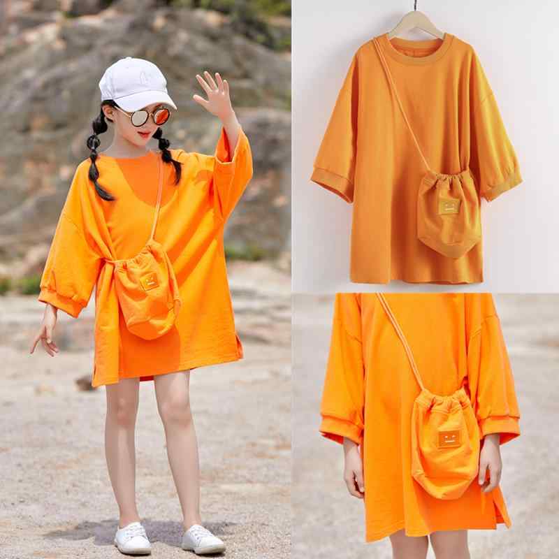 ワンピース ガールズ キッズ 春夏 Tシャツワンピース ドレス カジュアル 親子コーデ ママ娘 お揃い リゾート バカンス おしゃれ かわいい 普段使い デイリー 綿混 コットン イエロー