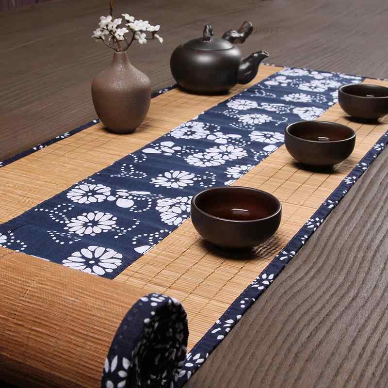 茶席 和風 禅風 レトロ クラシック 上品 小花柄 竹文様 麻 綿 竹製 布製 手作り 茶敷 テーブルランナー..