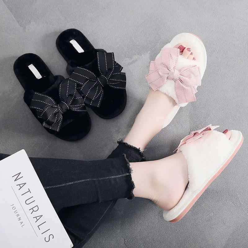 レディース ファー スリッパ モコモコ 秋冬 リボン ワンストラップ オープントゥ フラットヒール シン..