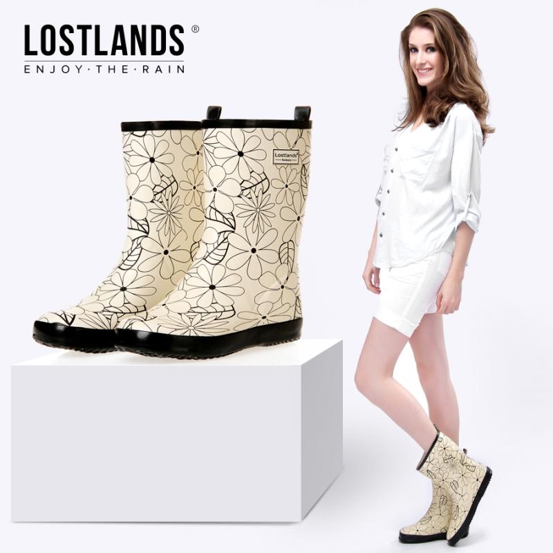 レインブーツ 長靴 レディース 女性用 学生 通勤 通学 普段使い ゴム ラバー ミドル丈 軽量 快適 防水 総柄 エレガント 上品 春秋 ピンク系 アイボリー グリーン系 綿裏地