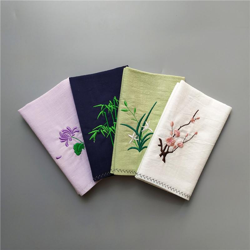 ハンカチ ガーゼ スカーフ 花柄 おしゃれ 蘭 竹 菊 アンティーク 刺繍 綿 リネン 素材 女性 レディース 吸汗性 ギフト ワンポイント