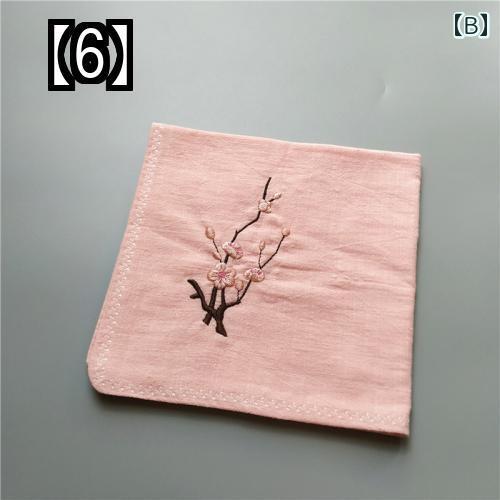 ハンカチ ガーゼ スカーフ 花柄 おしゃれ 蘭 竹 菊 アンティーク 刺繍 綿 リネン 素材 女性 レディース 吸汗性 ギフト ワンポイント